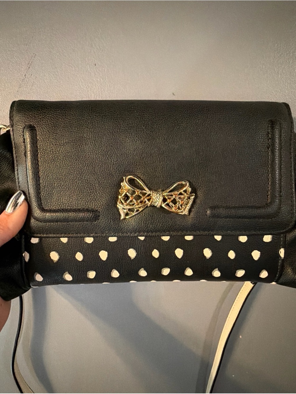 Betsey Johnson Black & White Polka Dot Crossbody with Gold Bow